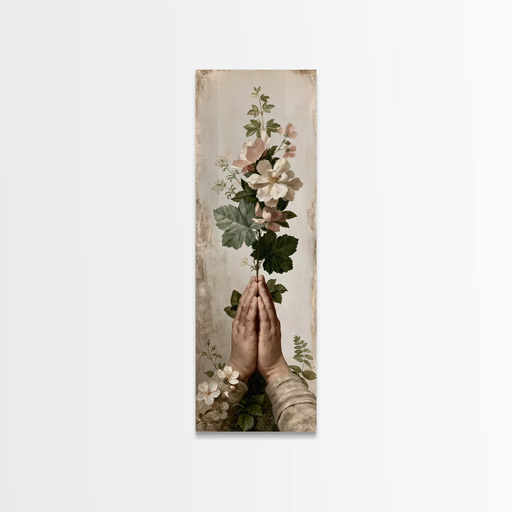 Prayer Hands with Botanical Details Framed Canvas Print, Spiritual Art, Canvas Wall Art, Living Room Decor, Watercolor Art, SPI-1x3-69