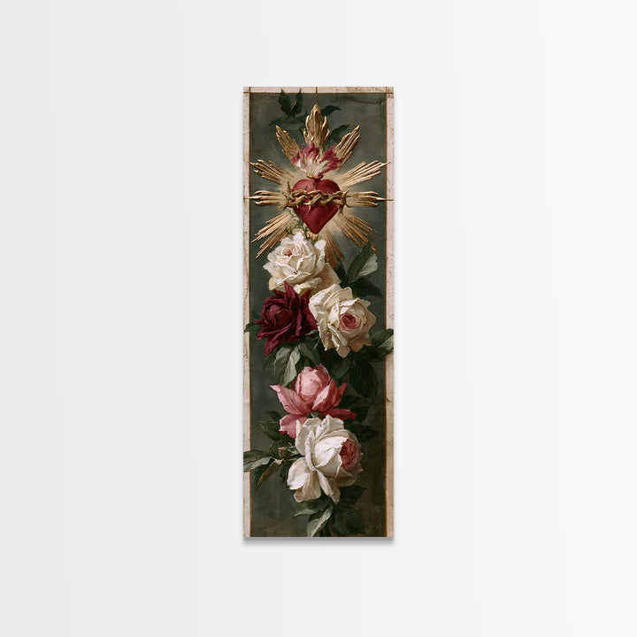 Sacred Heart with Roses and Gold Rays Canvas Print, Spiritual Art, Art Print, Living Room Decor, Spirit, Boho Wall Art, SPI-1x3-98