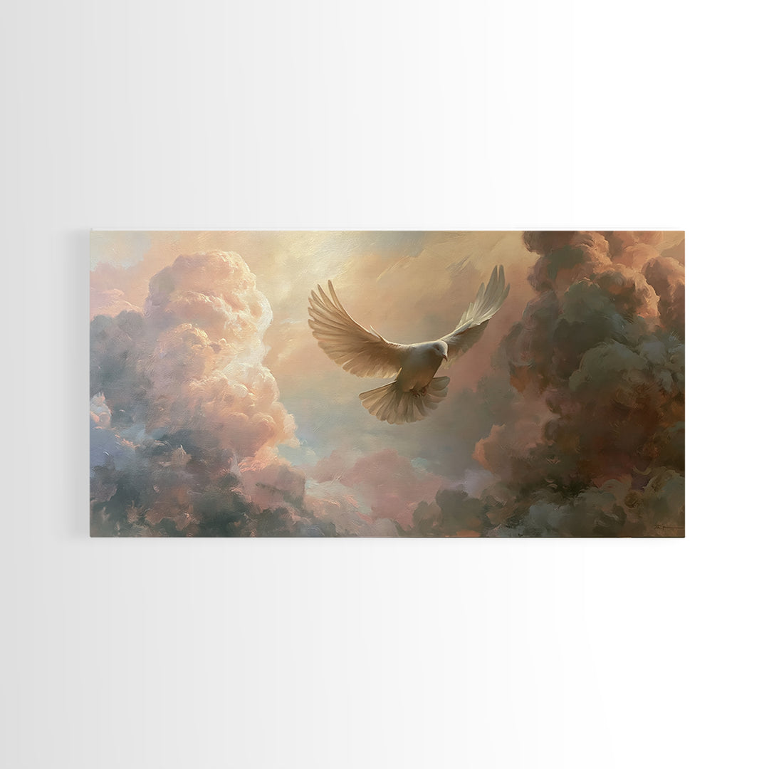 Dove Flying Through Radiant Clouds Framed Canvas Print, Spiritual Art, Funky Wall Art, Living Room Decor, Fine Art, Spirit, SPI-2x1-1