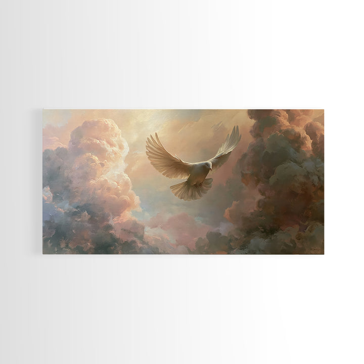 Dove Flying Through Radiant Clouds Framed Canvas Print, Spiritual Art, Funky Wall Art, Living Room Decor, Fine Art, Spirit, SPI-2x1-1