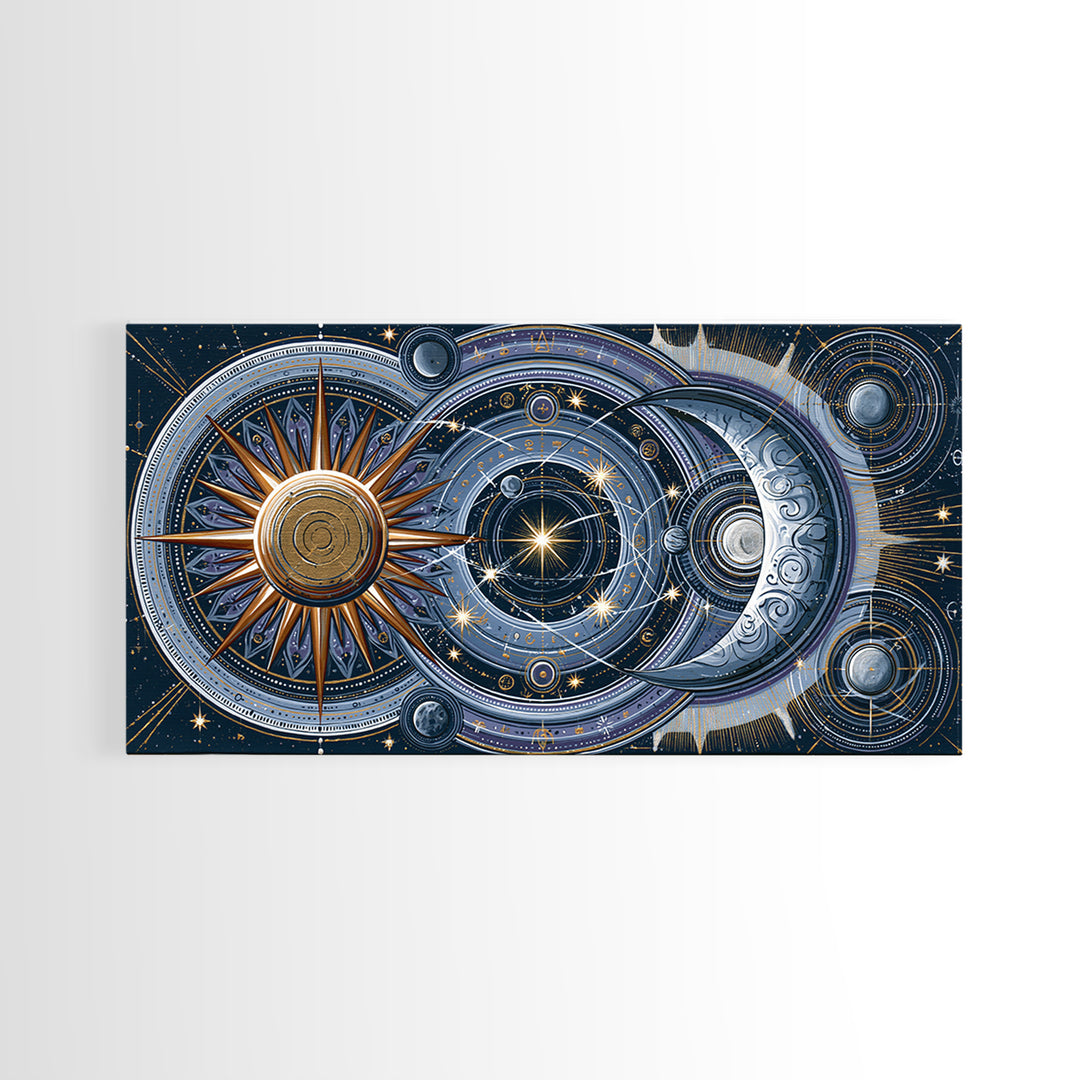 Sun and Moon Spiritual Balance Composition Framed Canvas Print, Spiritual Art, Trendy Wall Art, Living Room Decor, Spirit, SPI-2x1-100