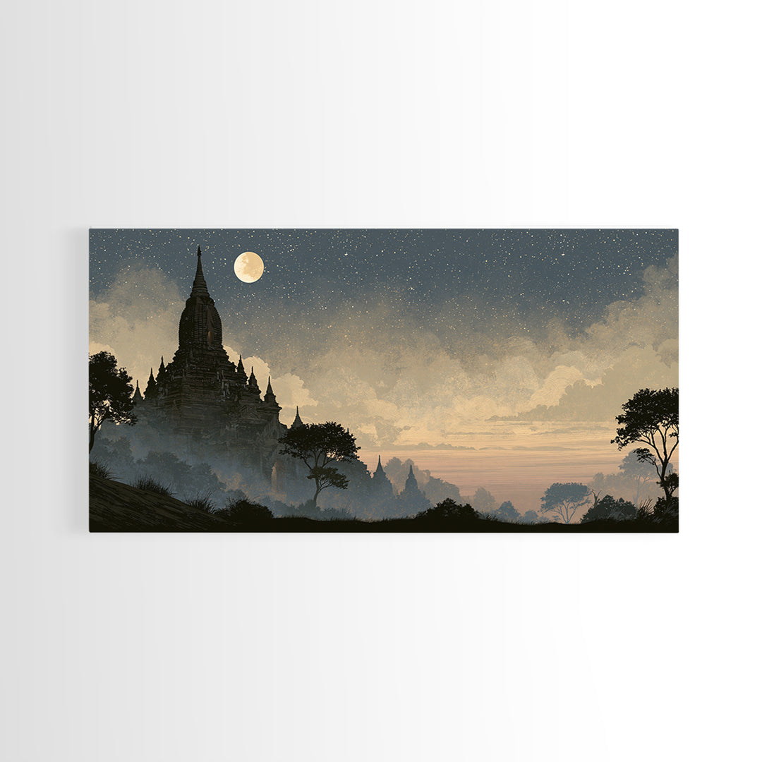 Ancient Temple Silhouette Framed Canvas Print, Spiritual Art, Living Room Decor, Watercolor Art, Spirit, Abstract Wall Art, SPI-2x1-15