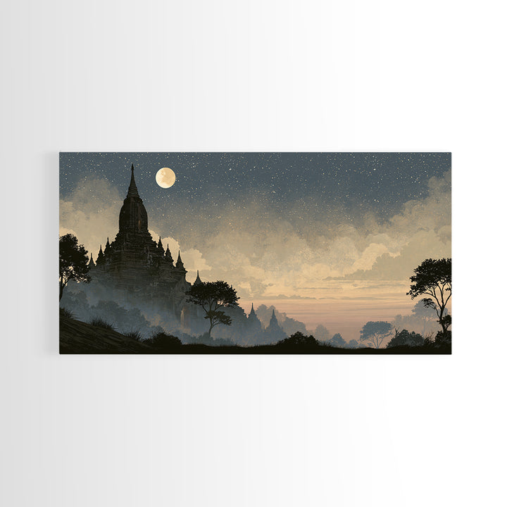 Ancient Temple Silhouette Framed Canvas Print, Spiritual Art, Living Room Decor, Watercolor Art, Spirit, Abstract Wall Art, SPI-2x1-15
