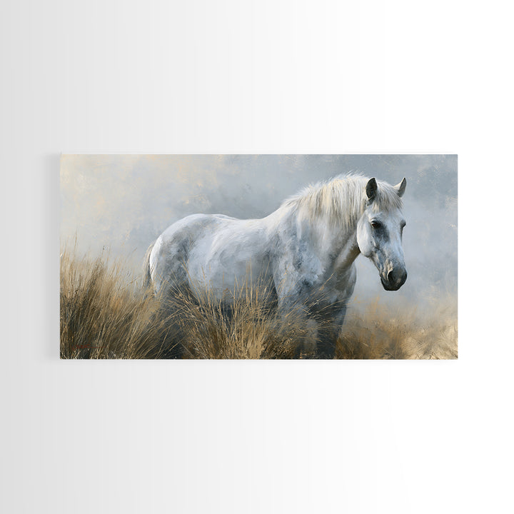 White Horse in Misty Sacred Landscape Framed Canvas Print, Spiritual Art, Art Print, Living Room Decor, Oil Painting, Spirit, SPI-2x1-30