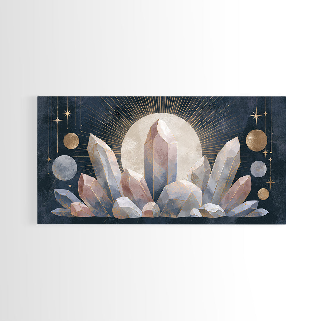 Crystal Cluster with Moonlight Reflections Framed Canvas Print, Spiritual Art, Digital Print, Living Room Decor, Spirit, SPI-2x1-33