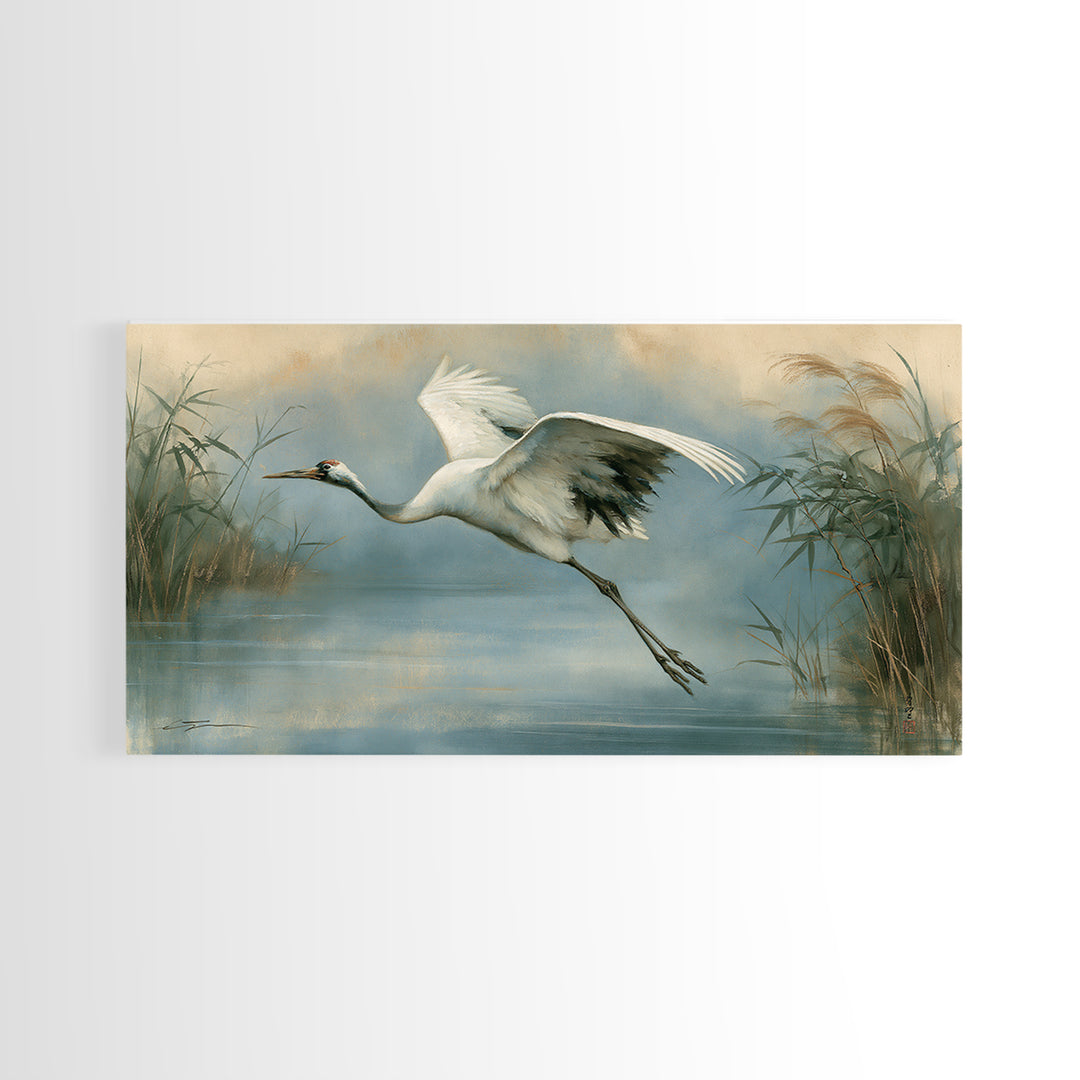 White Crane Flying Canvas Print, Spiritual Art, Minimalist Decor, Living Room Decor, Fine Art, Spirit, Wall Art Prints, SPI-2x1-44