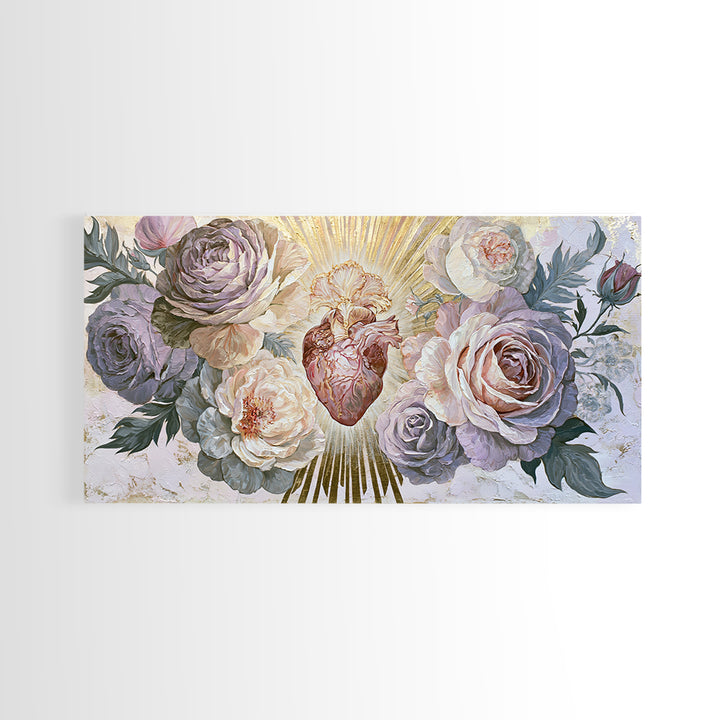 Sacred Heart with Roses and Gold Rays Canvas Print, Spiritual Art, Framed Wall Art, Living Room Decor, Fine Art, Spirit, SPI-2x1-58