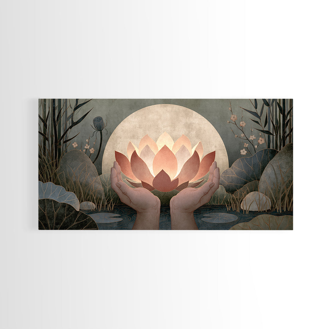 Hands Holding a Glowing Lotus Canvas Print, Spiritual Art, Neutral Decor, Living Room Decor, Abstract Art, Spirit, Wall Decor, SPI-2x1-71