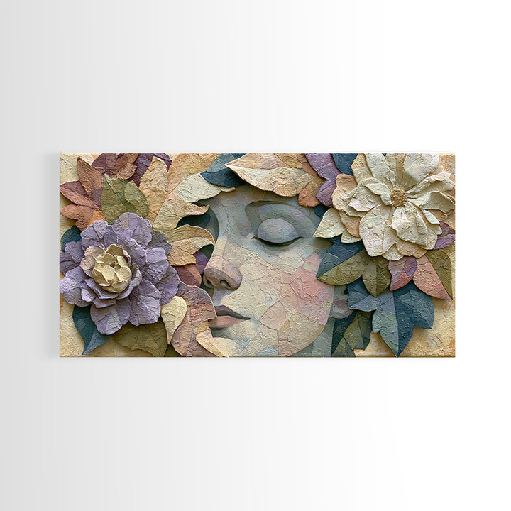 Serene Face with Closed Eyes and Flowers Framed Canvas Print, Spiritual Art, Abstract Wall Art, Living Room Decor, Oil Painting, SPI-2x1-80