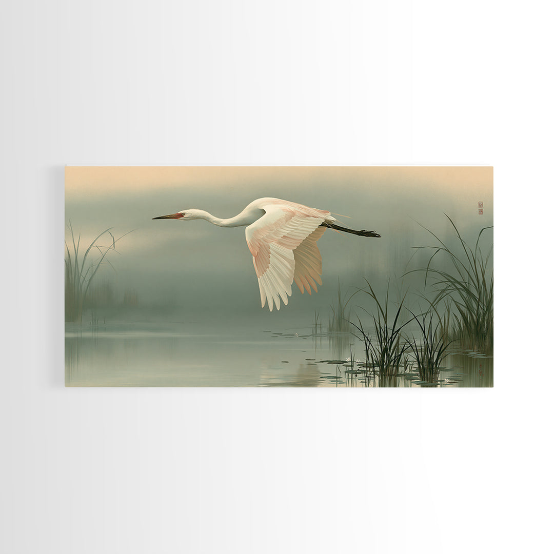 White Crane Flying Framed Canvas Print, Spiritual Art, Black Art, Living Room Decor, Fine Art, Spirit, Christian Decor, SPI-2x1-92