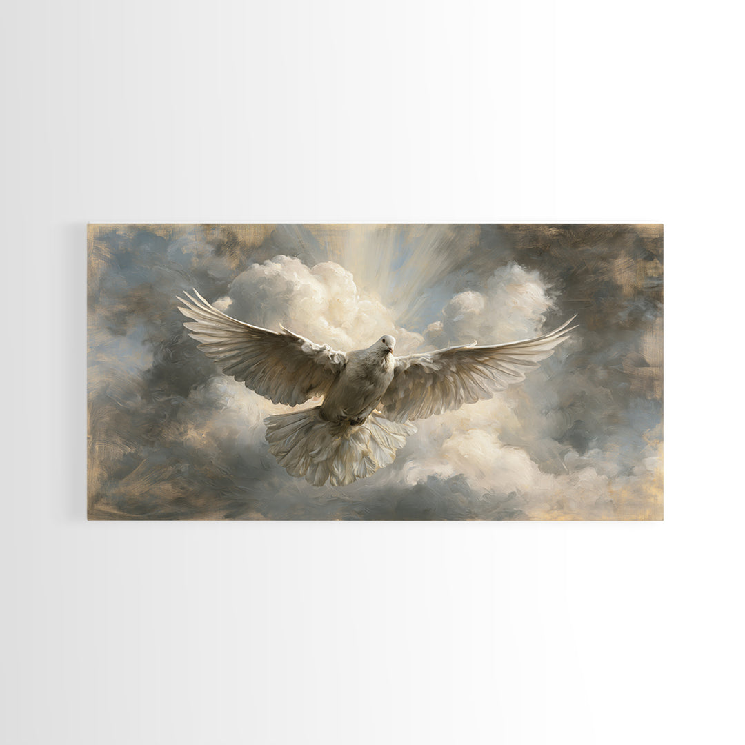 Dove Flying Through Radiant Clouds Framed Canvas Print, Spiritual Art, Modern Decor, Living Room Decor, Fine Art, Spirit, SPI-2x1-97
