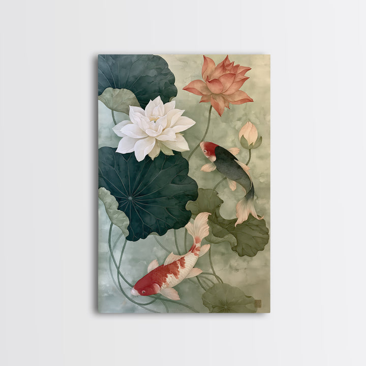 Lotus and Koi Framed Canvas Print, Spiritual Art, Digital Art, Living Room Decor, Abstract Art, Spirit, Funky Wall Art, SPI-2x3-2