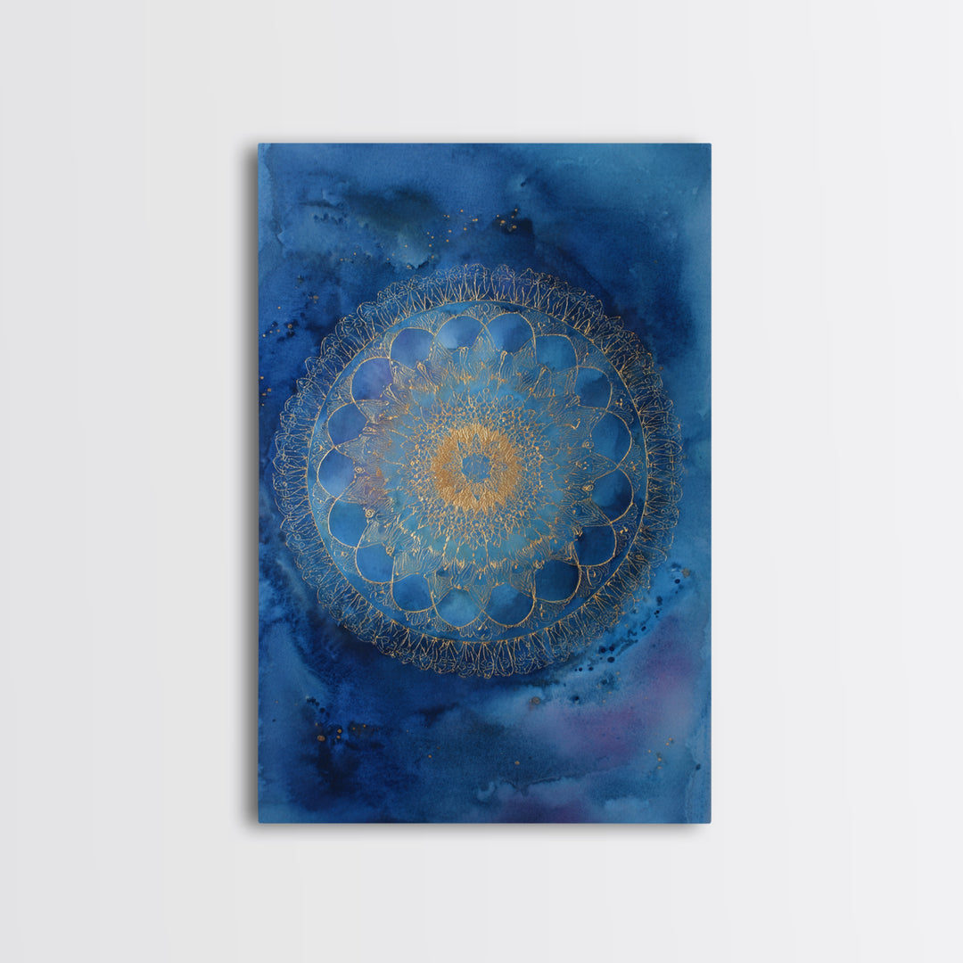 Gold Mandala on Deep Blue Background Framed Canvas Print, Spiritual Art, Digital Prints, Living Room Decor, Watercolor Art, SPI-2x3-36