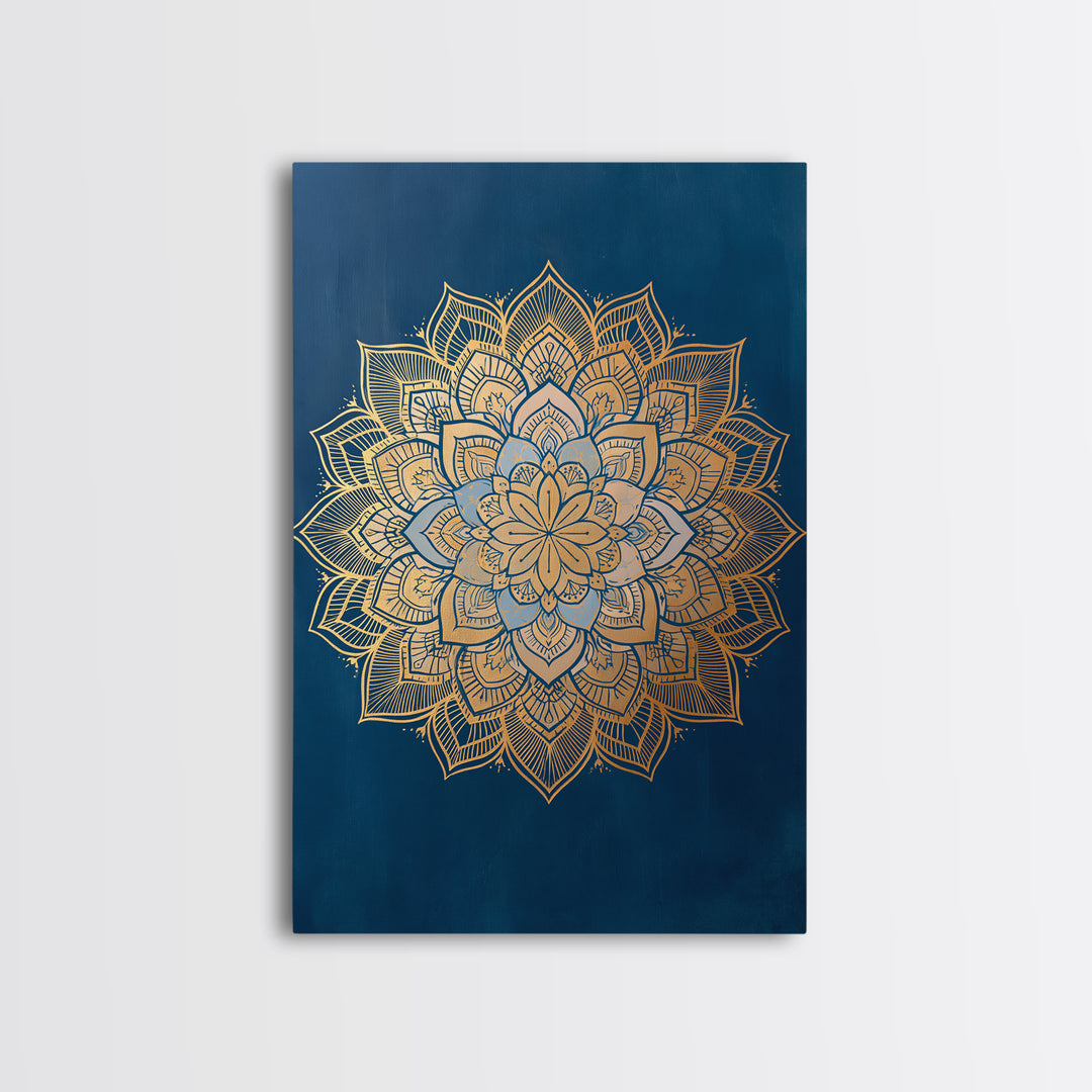 Gold Mandala on Deep Blue Background Framed Canvas Print, Spiritual Art, Christian Decor, Living Room Decor, Fine Art, Spirit, SPI-2x3-60