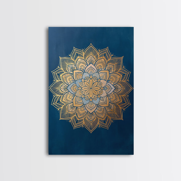 Gold Mandala on Deep Blue Background Framed Canvas Print, Spiritual Art, Christian Decor, Living Room Decor, Fine Art, Spirit, SPI-2x3-60