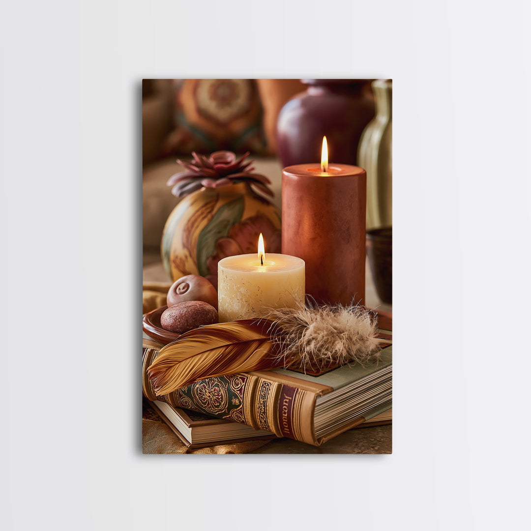 Candle and Feather Still Life Framed Canvas Print, Spiritual Art, Art, Living Room Decor, Fine Art, Spirit, Canvas Wall Art, SPI-2x3-76