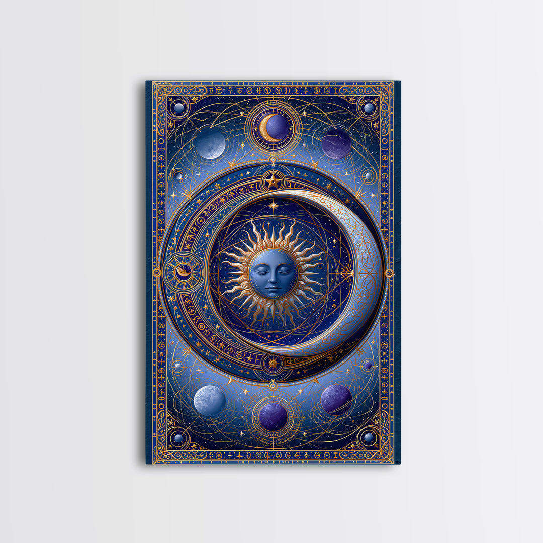 Sun and Moon Spiritual Balance Composition Framed Canvas Print, Spiritual Art, Boho Decor, Living Room Decor, Fine Art, Spirit, SPI-2x3-88