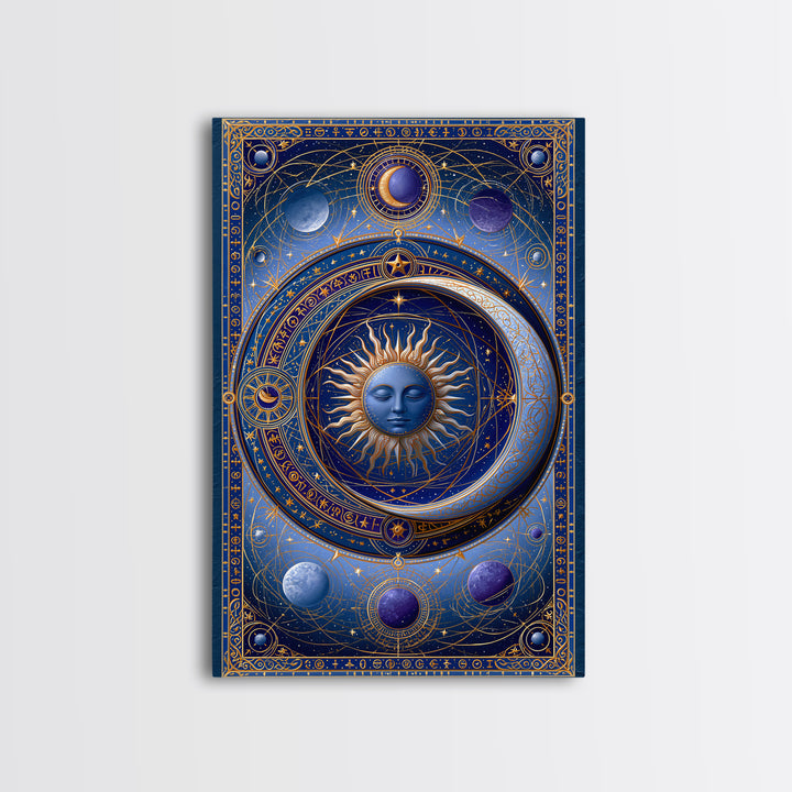 Sun and Moon Spiritual Balance Composition Framed Canvas Print, Spiritual Art, Boho Decor, Living Room Decor, Fine Art, Spirit, SPI-2x3-88