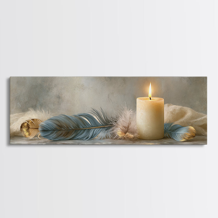 Candle and Feather Still Life Framed Canvas Print, Spiritual Art, Digital Poster, Living Room Decor, Fine Art, Spirit, SPI-3x1-12