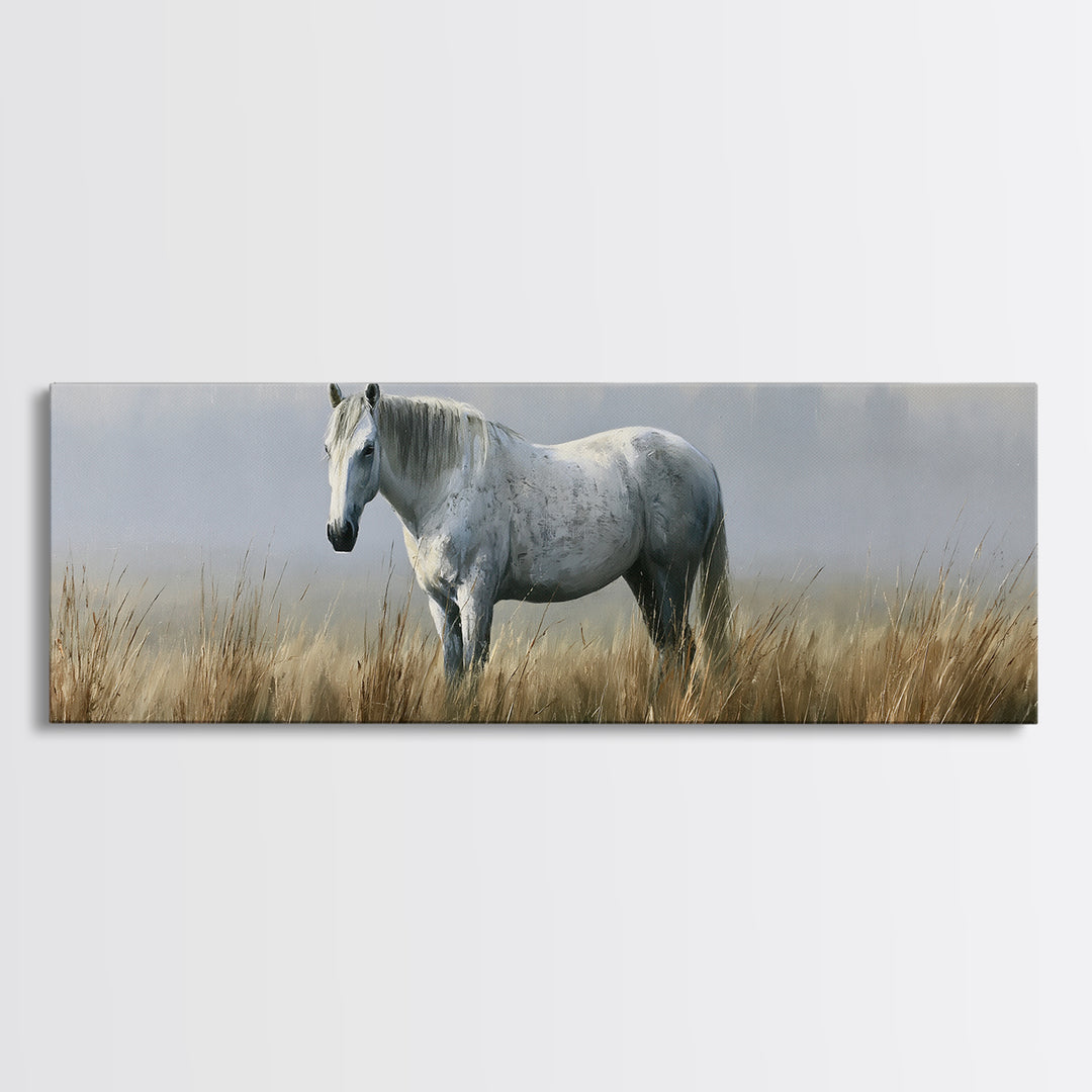 White Horse in Misty Sacred Landscape Framed Canvas Print, Spiritual Art, Abstract Wall Art, Living Room Decor, Spirit, SPI-3x1-2