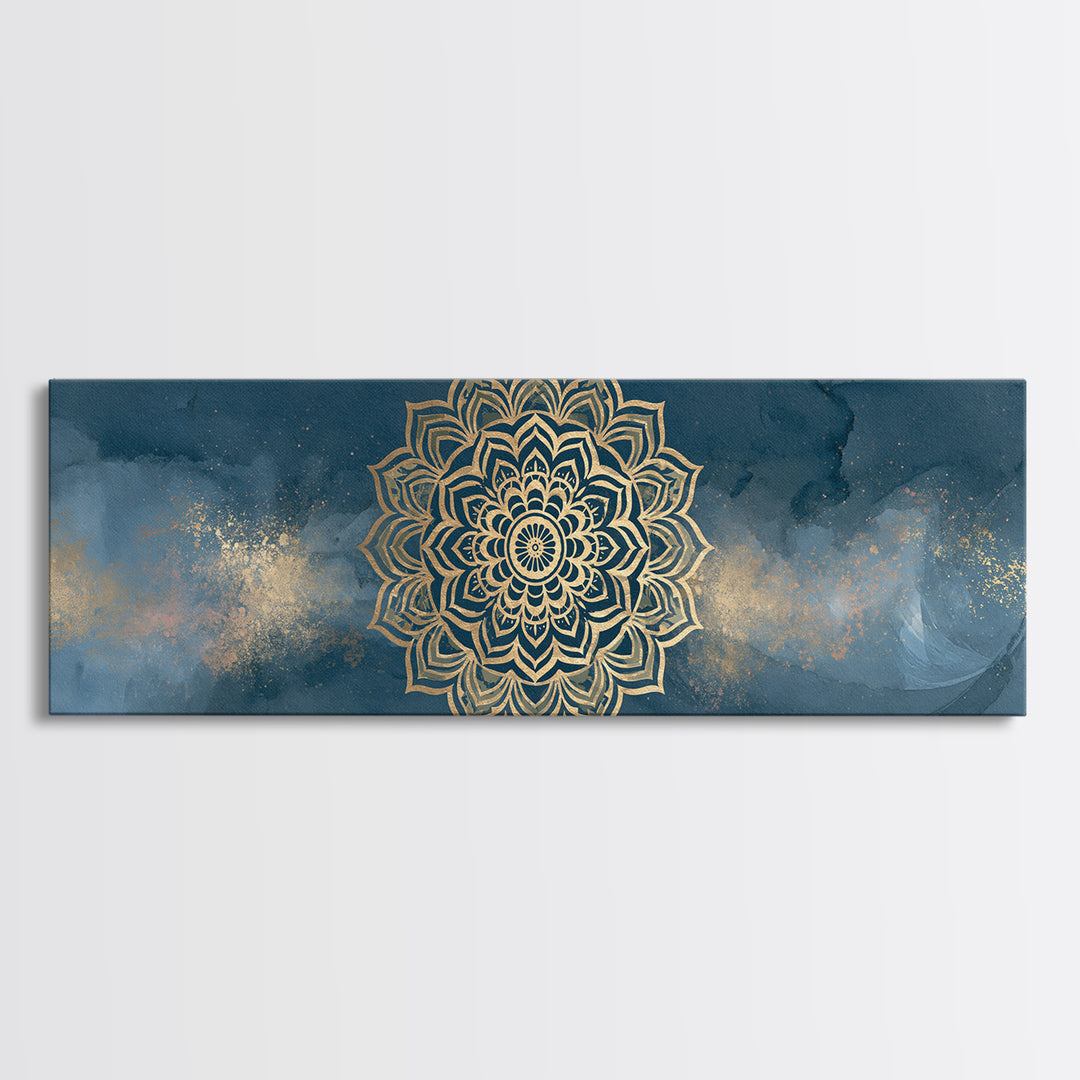 Gold Mandala on Deep Blue Background Canvas Print, Spiritual Art, Christian Decor, Living Room Decor, Fine Art, Spirit, SPI-3x1-20