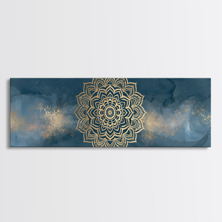 Gold Mandala on Deep Blue Background Canvas Print, Spiritual Art, Christian Decor, Living Room Decor, Fine Art, Spirit, SPI-3x1-20