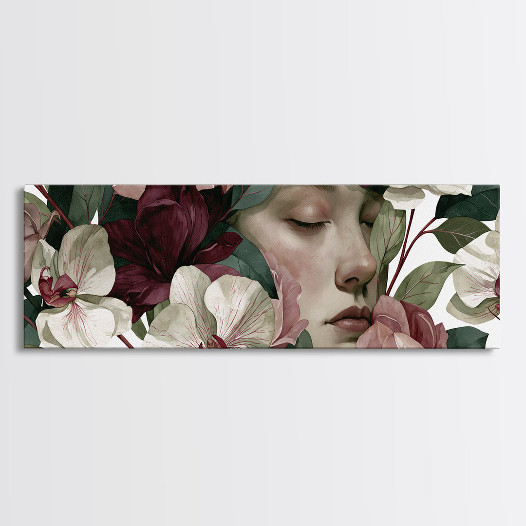 Serene Face with Closed Eyes and Flowers Canvas Print, Spiritual Art, Canvas Painting, Living Room Decor, Watercolor Art, SPI-3x1-4
