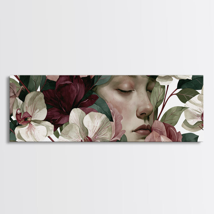 Serene Face with Closed Eyes and Flowers Canvas Print, Spiritual Art, Canvas Painting, Living Room Decor, Watercolor Art, SPI-3x1-4