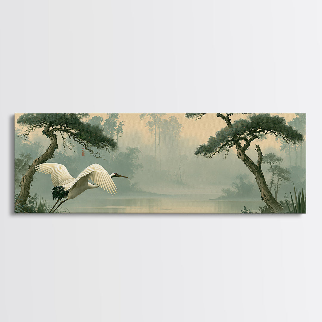 White Crane Flying Canvas Print, Spiritual Art, Fine Art Print, Living Room Decor, Oil Painting, Spirit, Digital Prints, SPI-3x1-40
