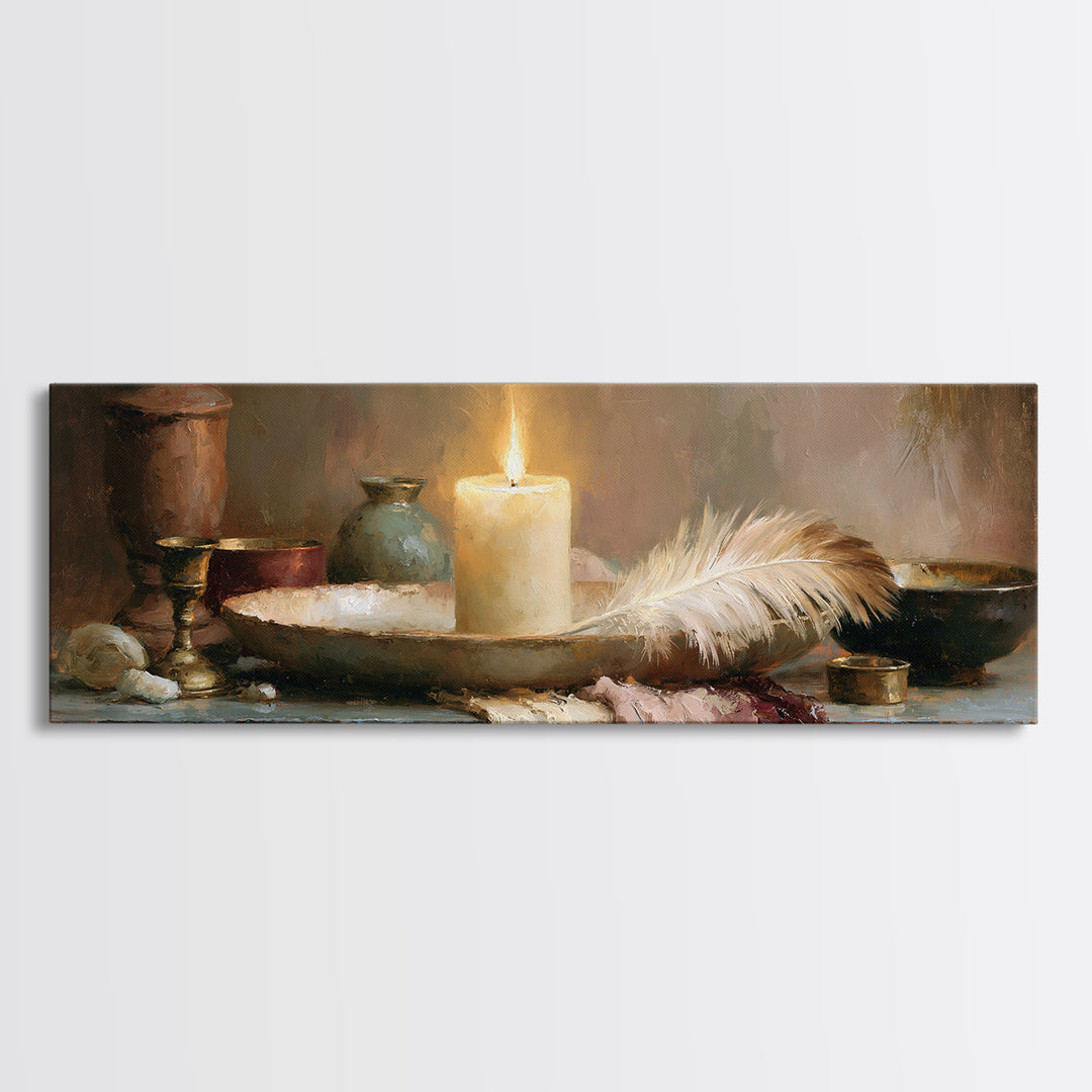 Candle and Feather Still Life Framed Canvas Print, Spiritual Art, Textured Painting, Living Room Decor, Fine Art, Spirit, SPI-3x1-60