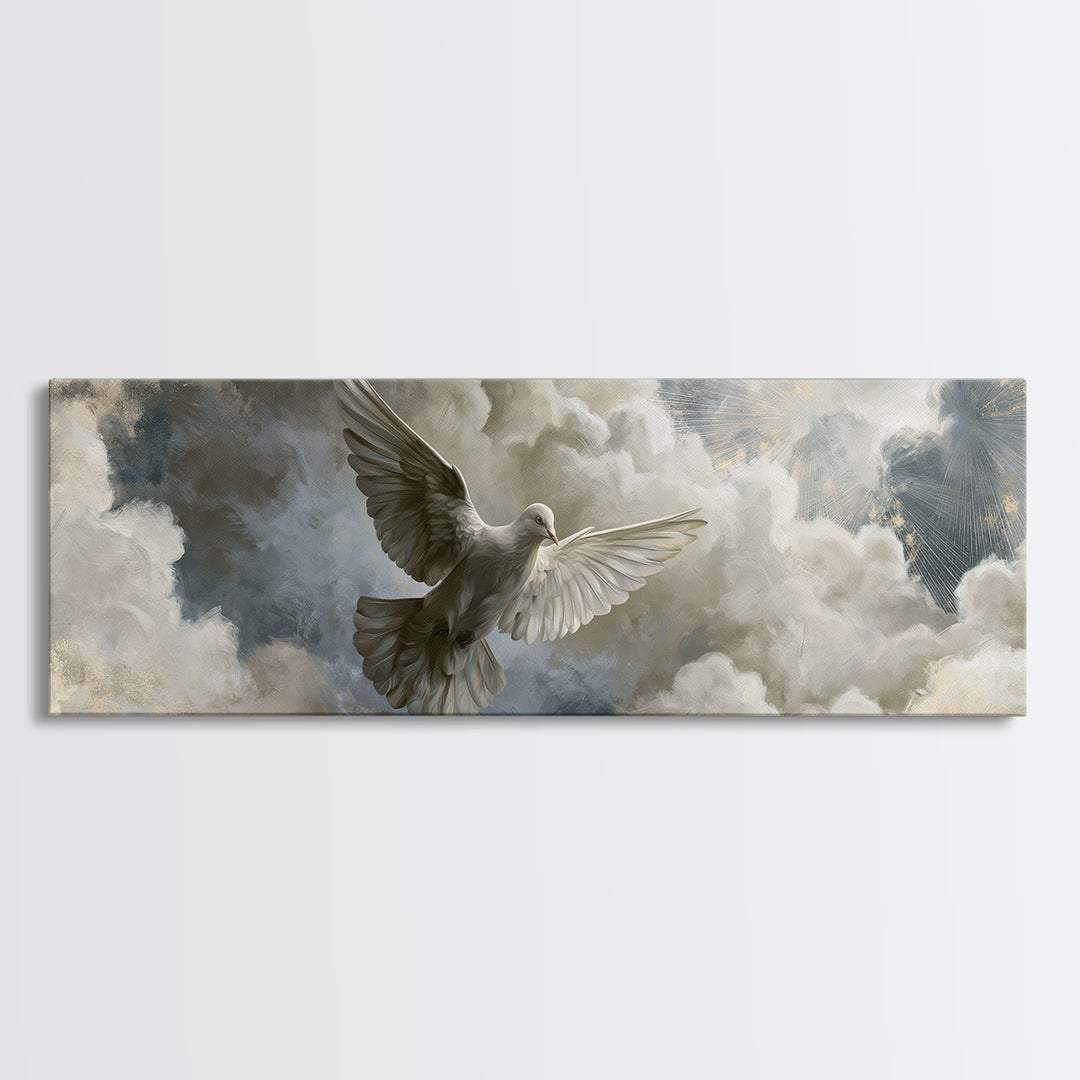 Dove Flying Through Radiant Clouds Framed Canvas Print, Spiritual Art, Art, Living Room Decor, Spirit, Canvas Wall Art, SPI-3x1-69