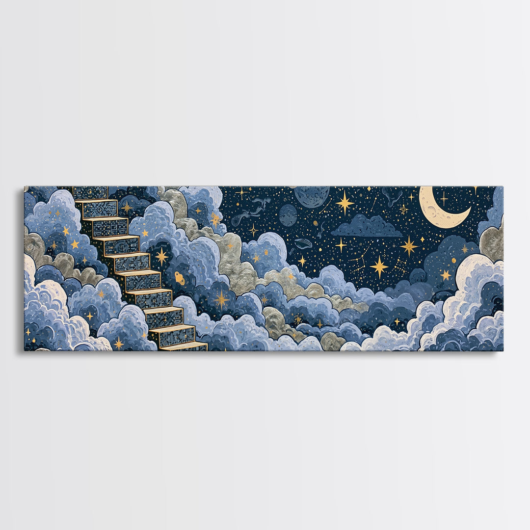 Celestial Staircase Through Clouds Framed Canvas Print, Spiritual Art, Wall Art, Living Room Decor, Fine Art, Spirit, SPI-3x1-81