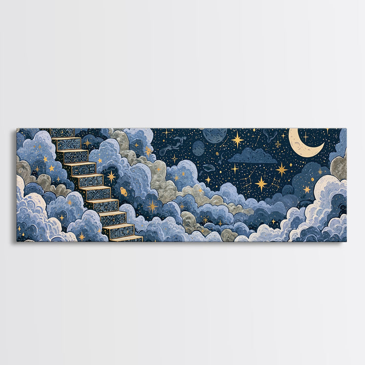 Celestial Staircase Through Clouds Framed Canvas Print, Spiritual Art, Wall Art, Living Room Decor, Fine Art, Spirit, SPI-3x1-81