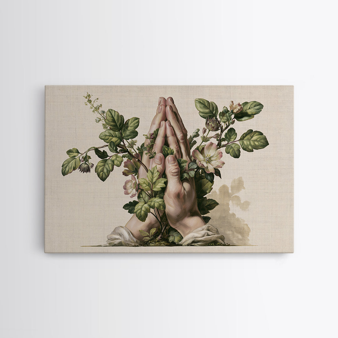 Prayer Hands with Botanical Details Framed Canvas Print, Spiritual Art, Living Room Decor, Watercolor Art, Spirit, SPI-3x2-13