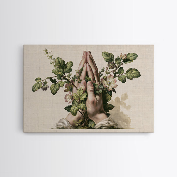 Prayer Hands with Botanical Details Framed Canvas Print, Spiritual Art, Living Room Decor, Watercolor Art, Spirit, SPI-3x2-13