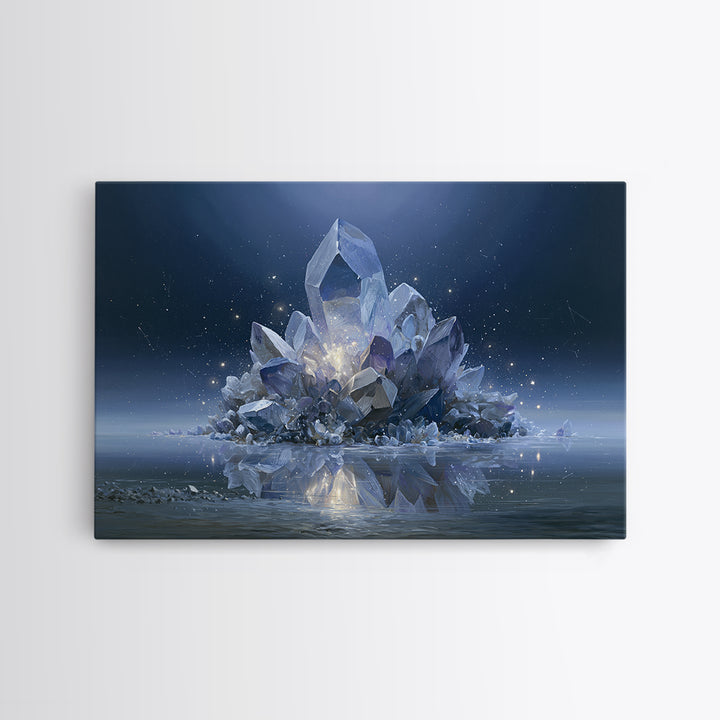 Crystal Cluster with Moonlight Reflections Framed Canvas Print, Spiritual Art, Living Room Decor, Watercolor Art, Spirit, SPI-3x2-41