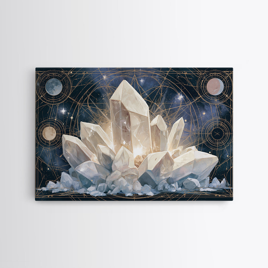 Crystal Cluster with Moonlight Reflections Framed Canvas Print, Spiritual Art, Living Room Decor, Watercolor Art, Spirit, SPI-3x2-65
