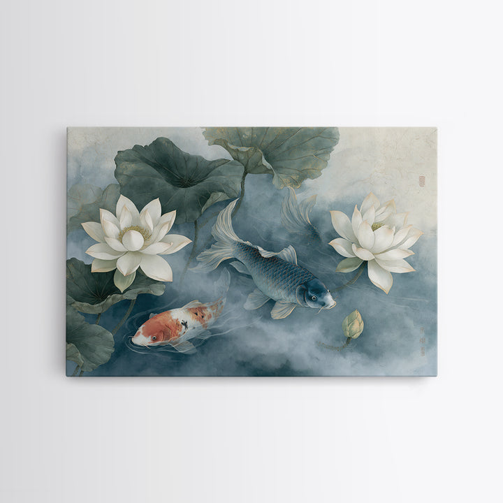 Lotus and Koi Framed Canvas Print, Spiritual Art, Neutral Decor, Living Room Decor, Fine Art, Spirit, Digital Prints, SPI-3x2-70