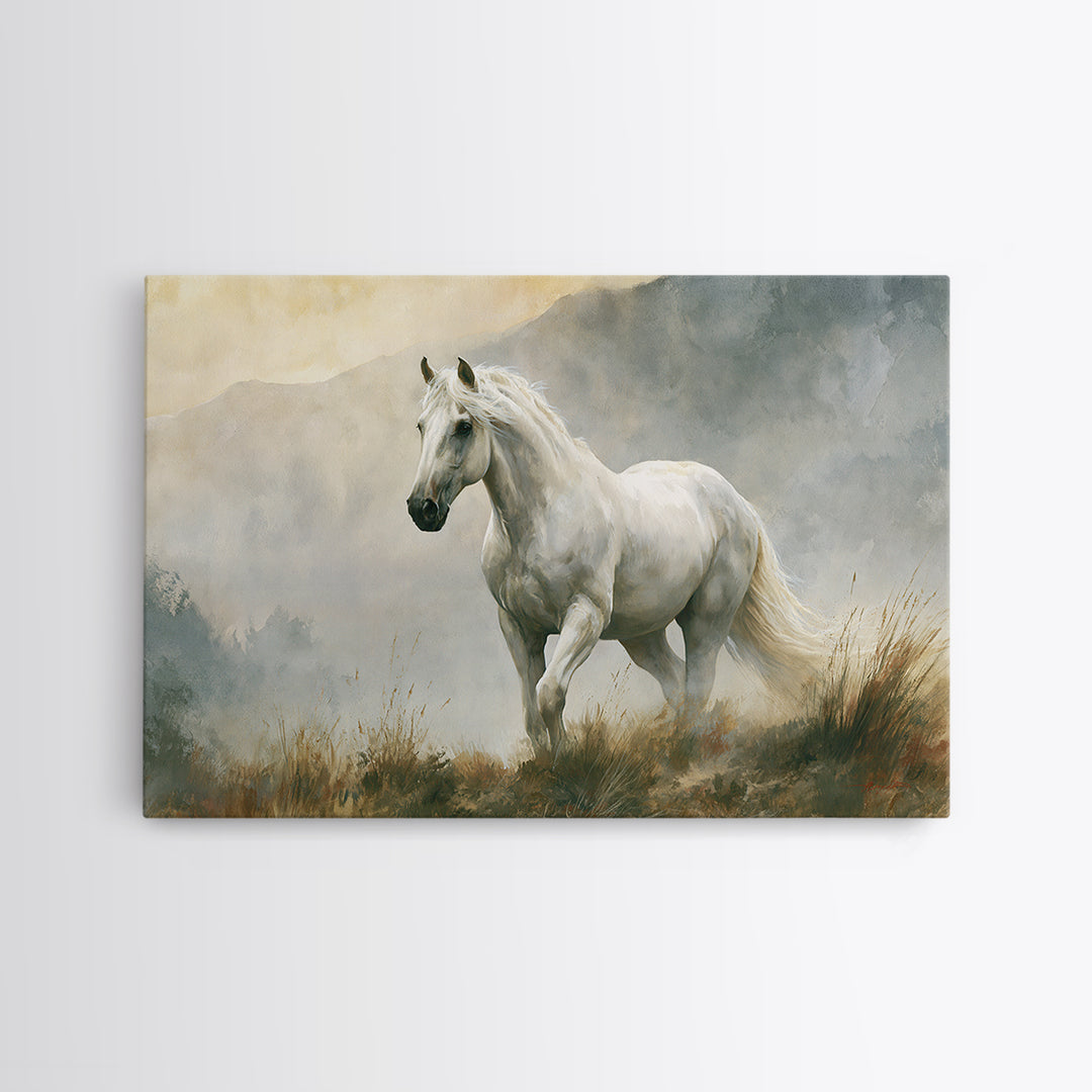 White Horse in Misty Sacred Landscape Framed Canvas Print, Spiritual Art, Boho Decor, Living Room Decor, Fine Art, Spirit, SPI-3x2-86