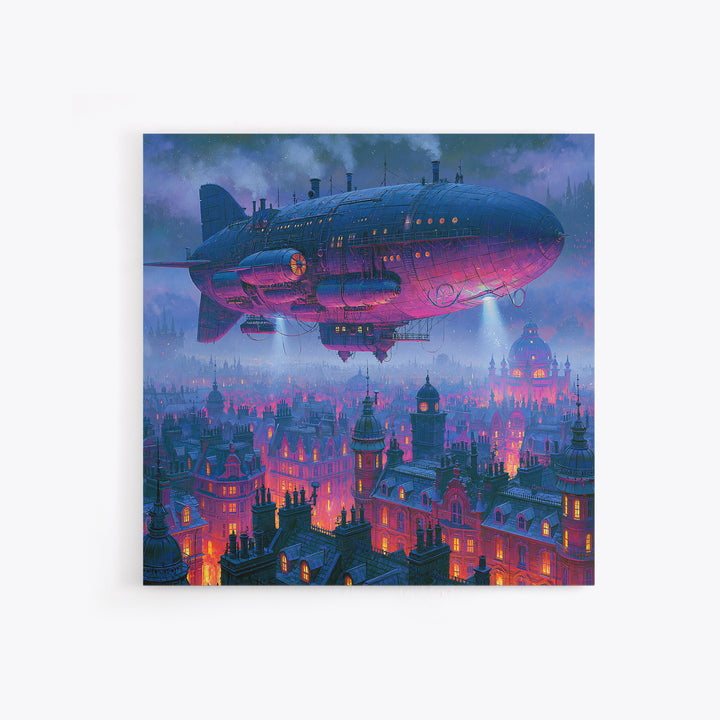 Airship Floating Above Victorian City Roofs Framed Canvas Print, Steampunk Art, Modern Art, Living Room Decor, Mechanic, STE-1x1-2