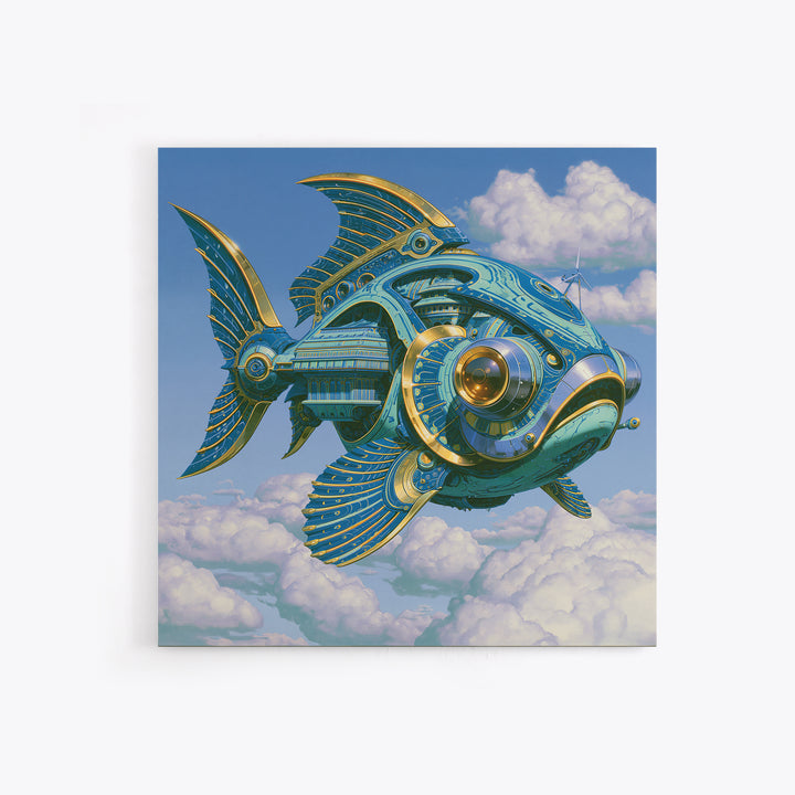 Mechanical Fish Swimming Through Clouds Canvas Print, Steampunk Art, Cat Art, Living Room Decor, Oil Painting, Mechanic, STE-1x1-22