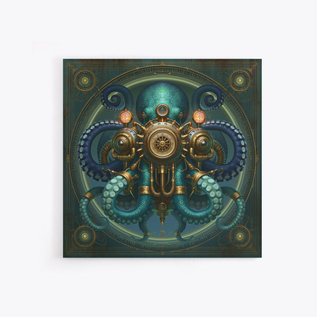 Steampunk Octopus with Brass Tentacles Framed Canvas Print, Steampunk Art, Textured Painting, Living Room Decor, Mechanic, STE-1x1-29