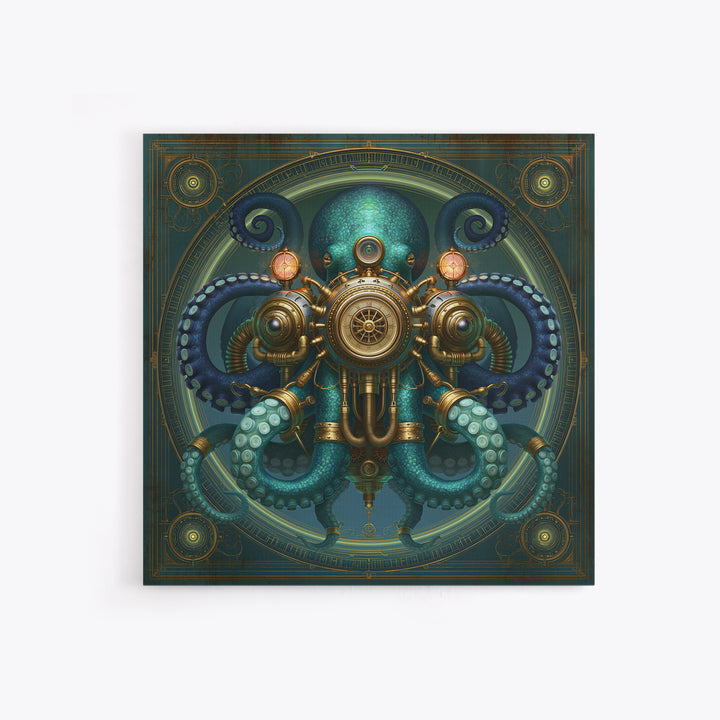 Steampunk Octopus with Brass Tentacles Framed Canvas Print, Steampunk Art, Textured Painting, Living Room Decor, Mechanic, STE-1x1-29