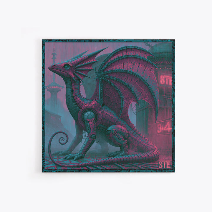 Copper Dragon with Riveted Wings Framed Canvas Print, Steampunk Art, Abstract Art Print, Living Room Decor, Watercolor Art, STE-1x1-34