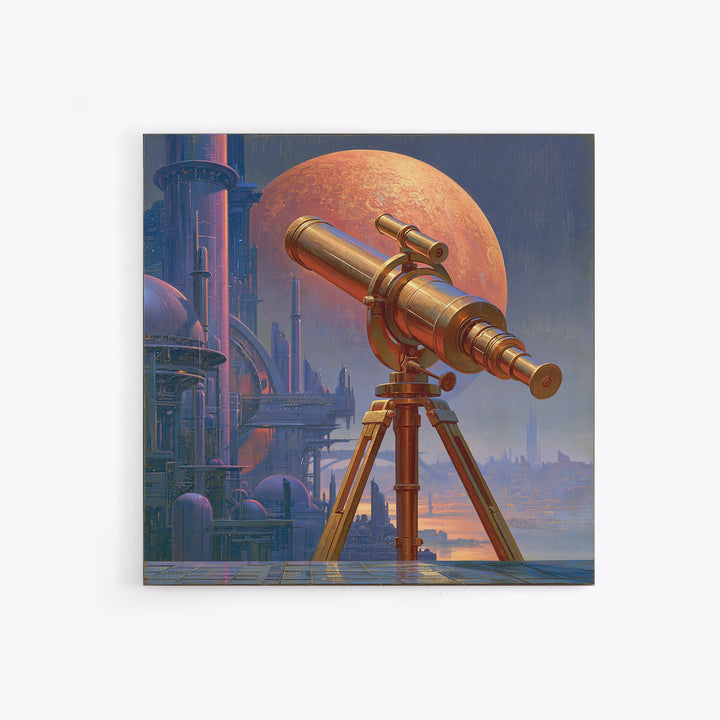 Brass Telescope Aimed at Copper Moon Framed Canvas Print, Steampunk Art, Wall Decor, Living Room Decor, Fine Art, Mechanic, STE-1x1-48