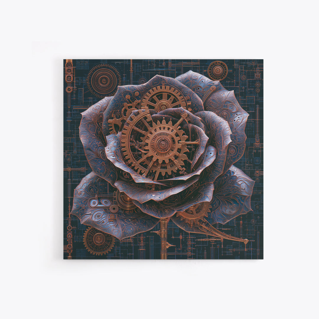 Mechanical Rose Made of Copper Gears Framed Canvas Print, Steampunk Art, Dark Art, Living Room Decor, Oil Painting, Mechanic, STE-1x1-51