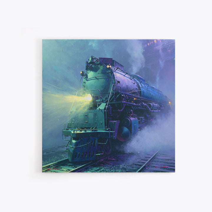 Steam Locomotive Racing Through Fog Canvas Print, Steampunk Art, Dark Art, Living Room Decor, Oil Painting, Mechanic, STE-1x1-54