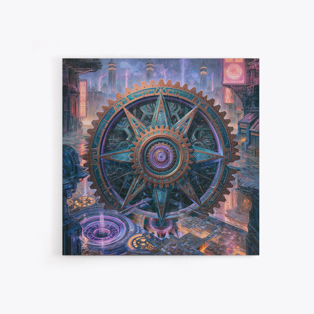 Cogwheel Mandala in Bronze and Teal Framed Canvas Print, Steampunk Art, Wall Art Print, Living Room Decor, Fine Art, Mechanic, STE-1x1-64
