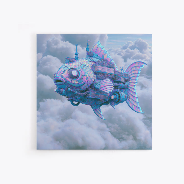 Mechanical Fish Swimming Through Clouds Framed Canvas Print, Steampunk Art, Steampunk Decor, Living Room Decor, Mechanic, STE-1x1-70