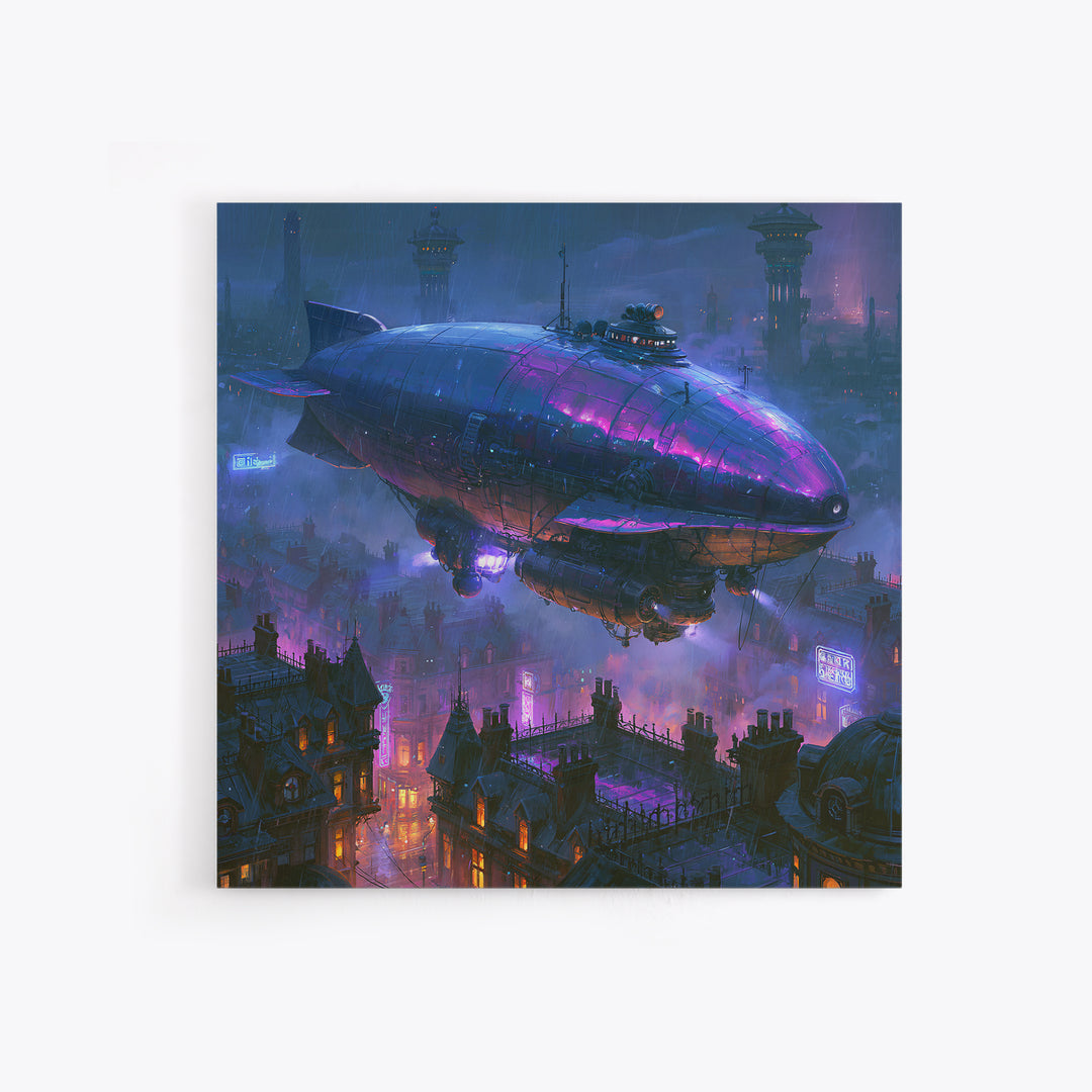 Airship Floating Above Victorian City Roofs Framed Canvas Print, Steampunk Art, Fine Art Print, Living Room Decor, Mechanic, STE-1x1-74